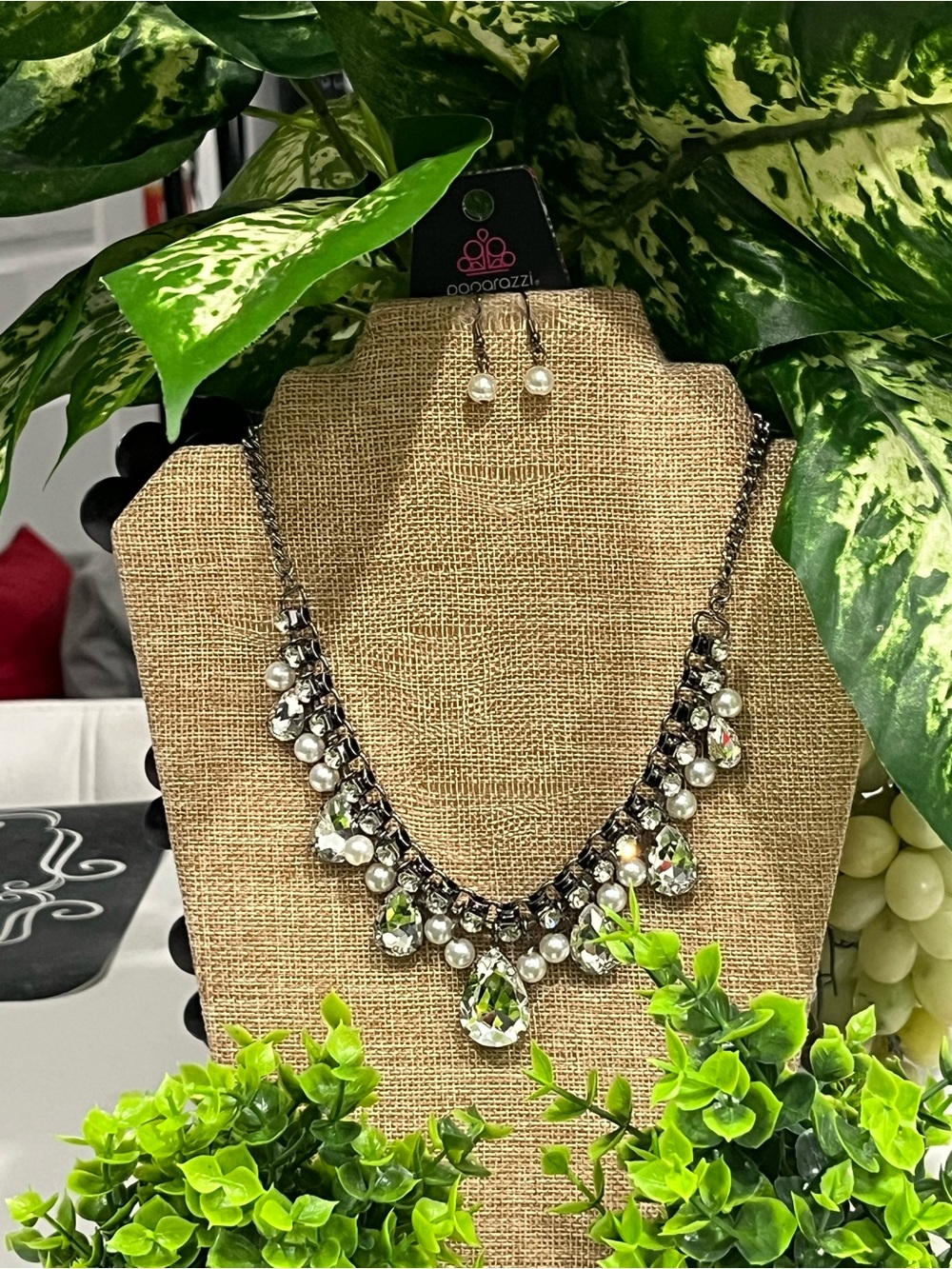 Paparazzi Crystal & Pearl Bib Necklace - Silver Black White